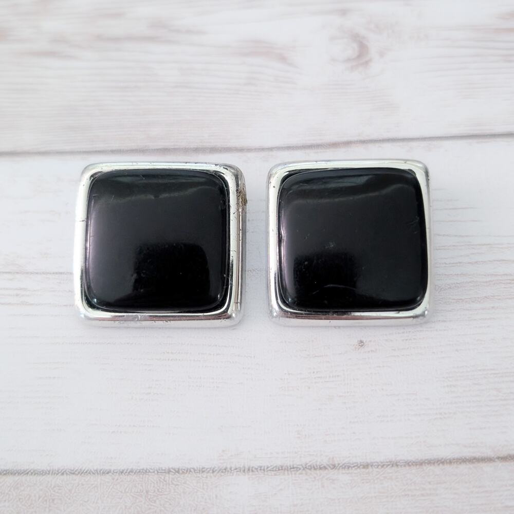 Vintage Clip On Earrings Black & Silver Tone - Condition Issues - Repair Needed